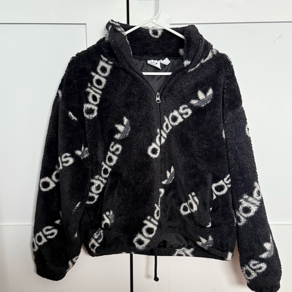 Adidas faux fur Black and White Fuzzy Hoodie jacket size XS